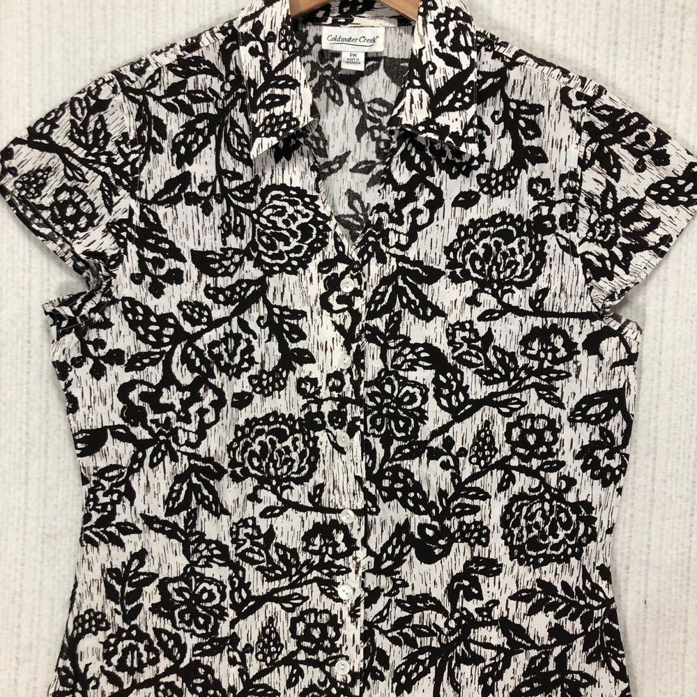 Coldwater Creek Black White Floral Short Sleeve Button Up Shirt Women‎ PM
